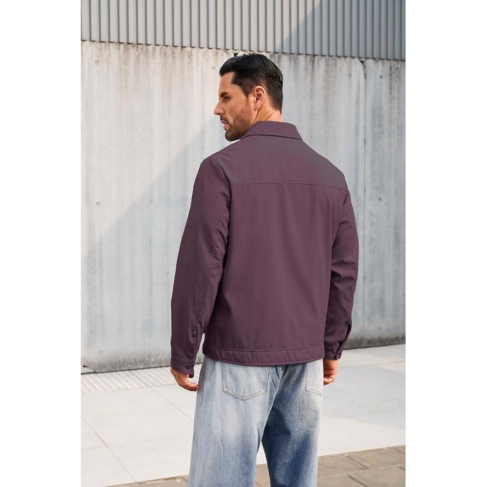 Mens Plum Purple Harrington Jacket Full Zip Plaid Lined Casual Windbreaker Coat - Picture 3 of 5